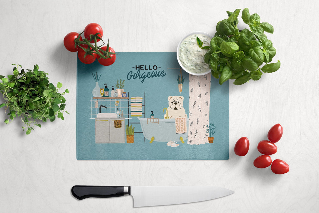 White English Bulldog in Bathtub Cutting Board Tempered Glass Kitchen Cutting Surface, Heat Resistant Chopping, Non-Slip Feet, Food Prep & Serving