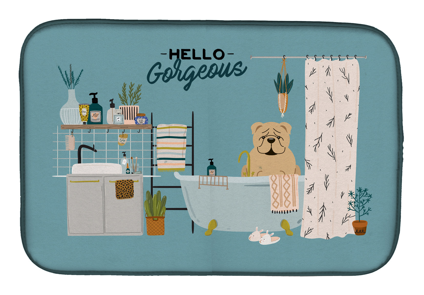 Fawn English Bulldog in Bathtub Dish Drying Mat Absorbent Dish Drying Mat Pad for Kitchen Counter Dish Drainer Mat for Countertop, 14 x 21", Multicolor