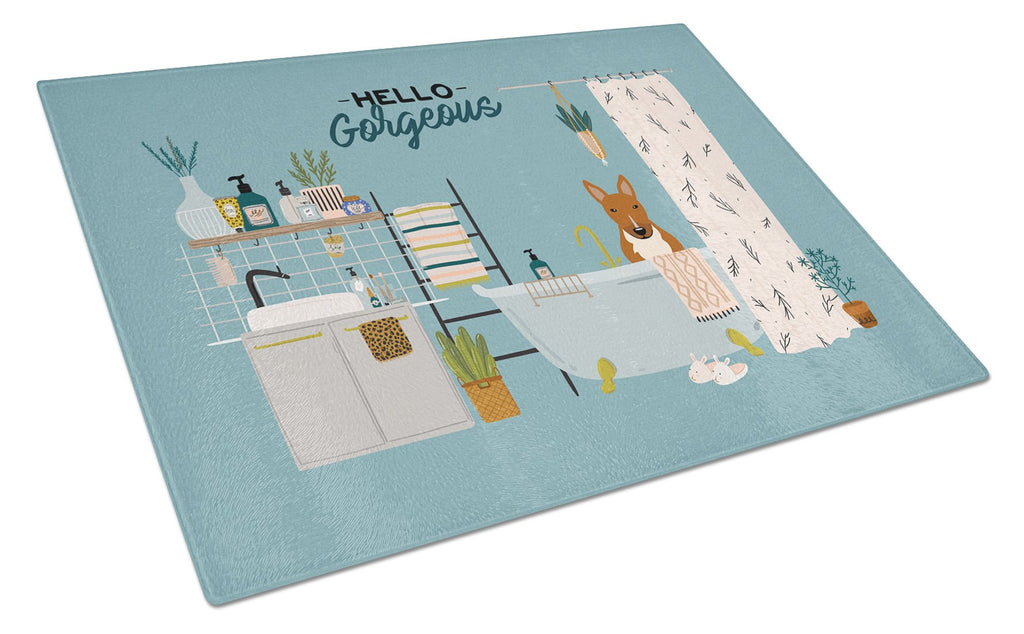 Red Bull Terrier in Bathtub Cutting Board Tempered Glass Kitchen Cutting Surface, Heat Resistant Chopping, Non-Slip Feet, Food Prep & Serving