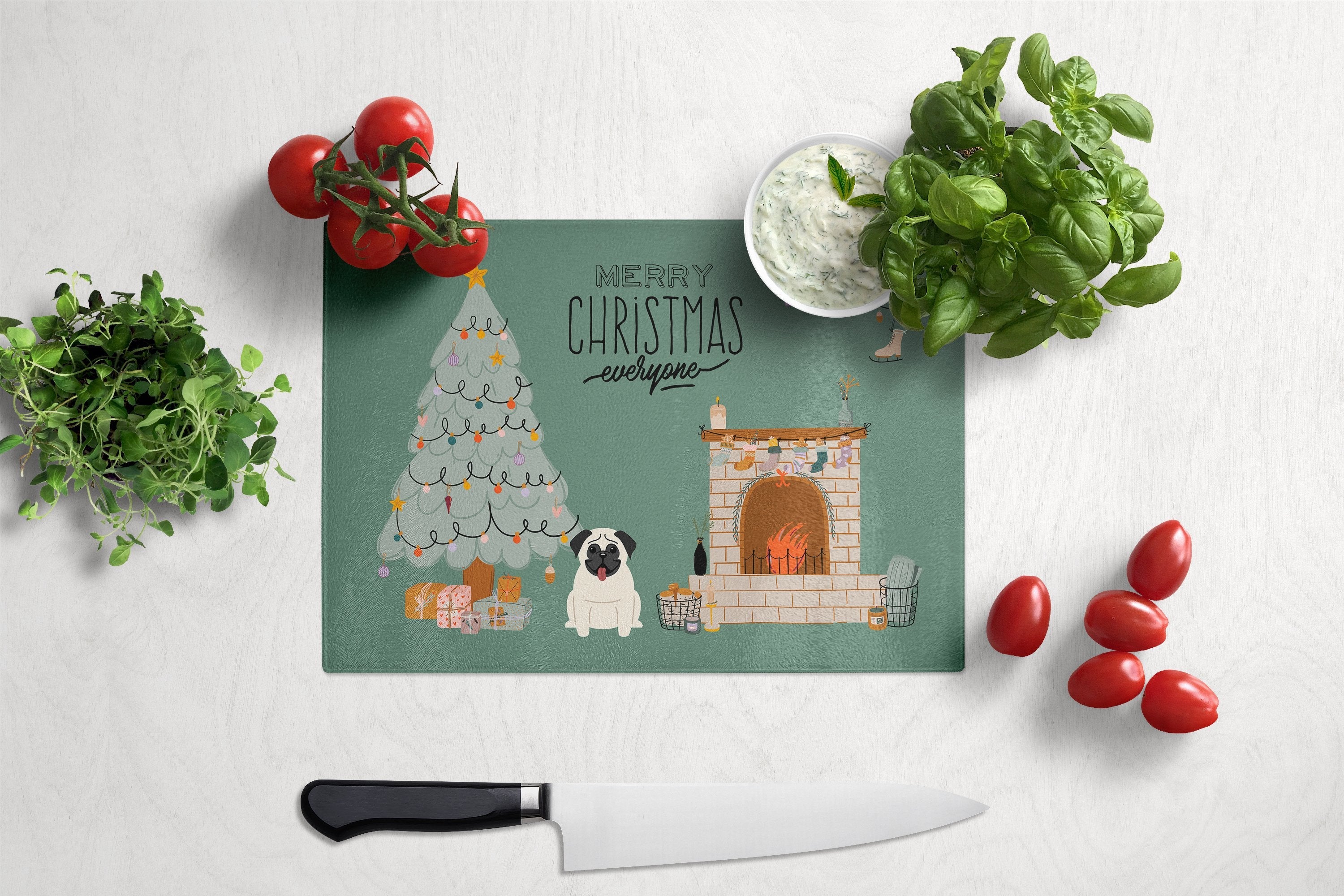 Cream Pug Christmas Everyone Cutting Board Tempered Glass Kitchen Cutting Surface, Heat Resistant Chopping, Non-Slip Feet, Food Prep & Serving