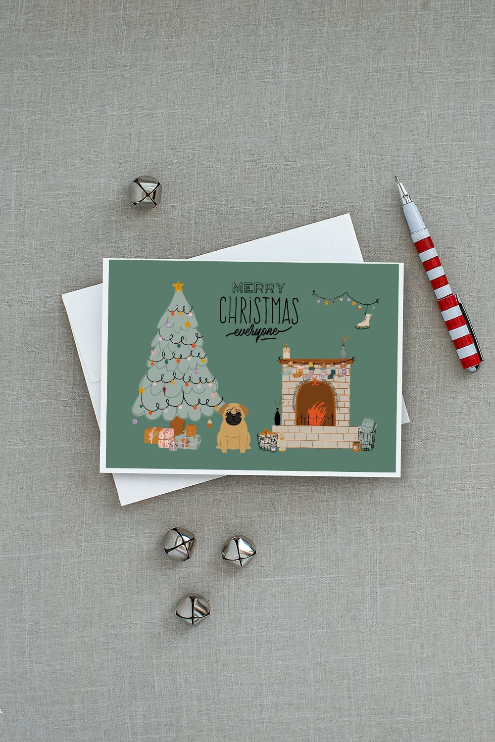 Brown Pug Christmas Everyone Greeting Cards Pack of 8 Blank Cards with Envelopes Whimsical A7 Size 5x7