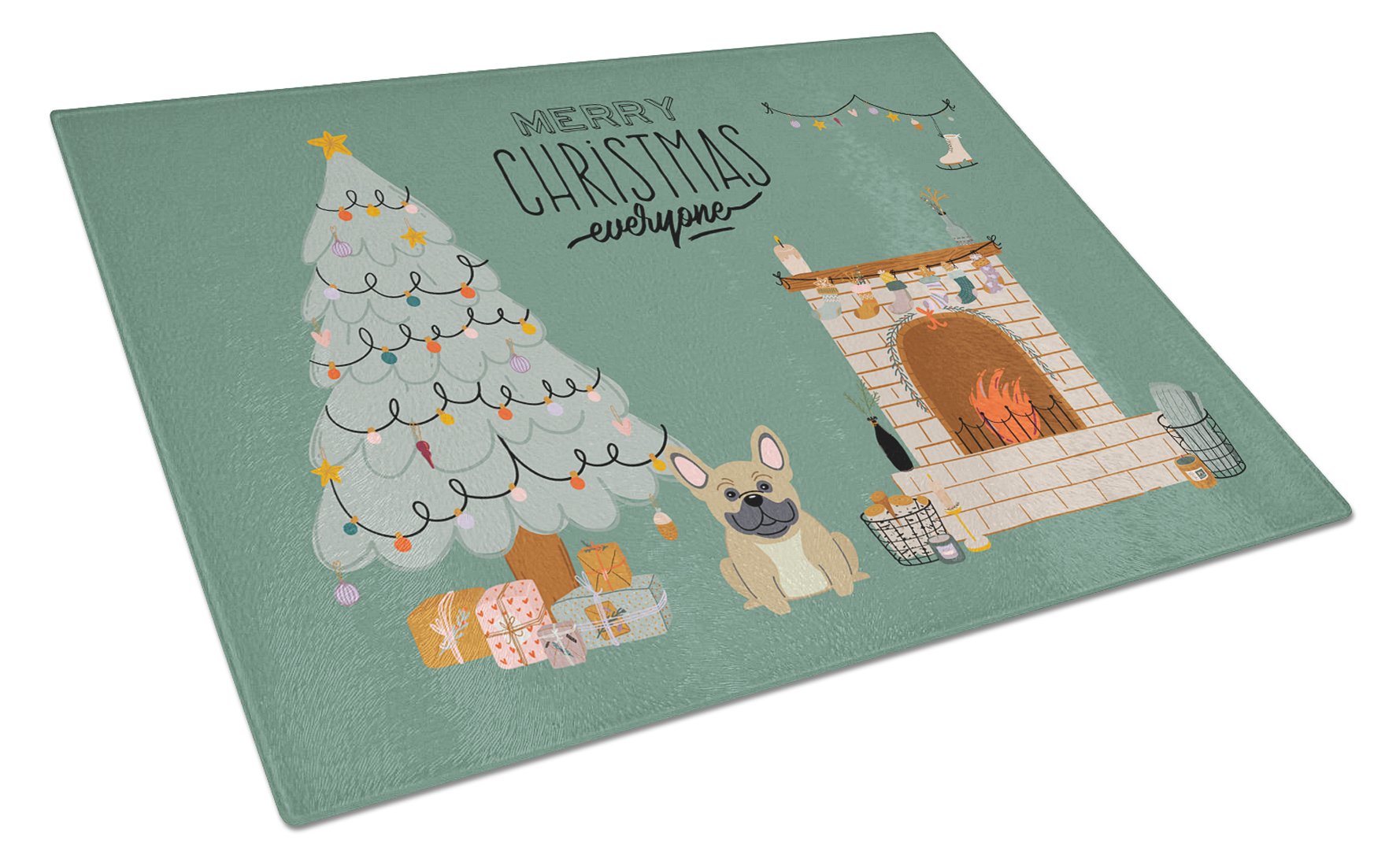 Cream French Bulldog Christmas Everyone Cutting Board Tempered Glass Kitchen Cutting Surface, Heat Resistant Chopping, Non-Slip Feet, Food Prep & Serving