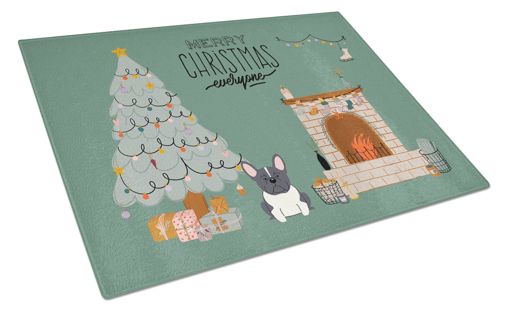 Black White French Bulldog Christmas Everyone Cutting Board Tempered Glass Kitchen Cutting Surface, Heat Resistant Chopping, Non-Slip Feet, Food Prep & Serving