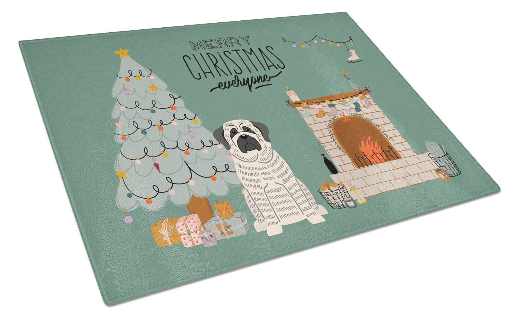 White Mastiff Brindle Christmas Everyone Cutting Board Tempered Glass Kitchen Cutting Surface, Heat Resistant Chopping, Non-Slip Feet, Food Prep & Serving