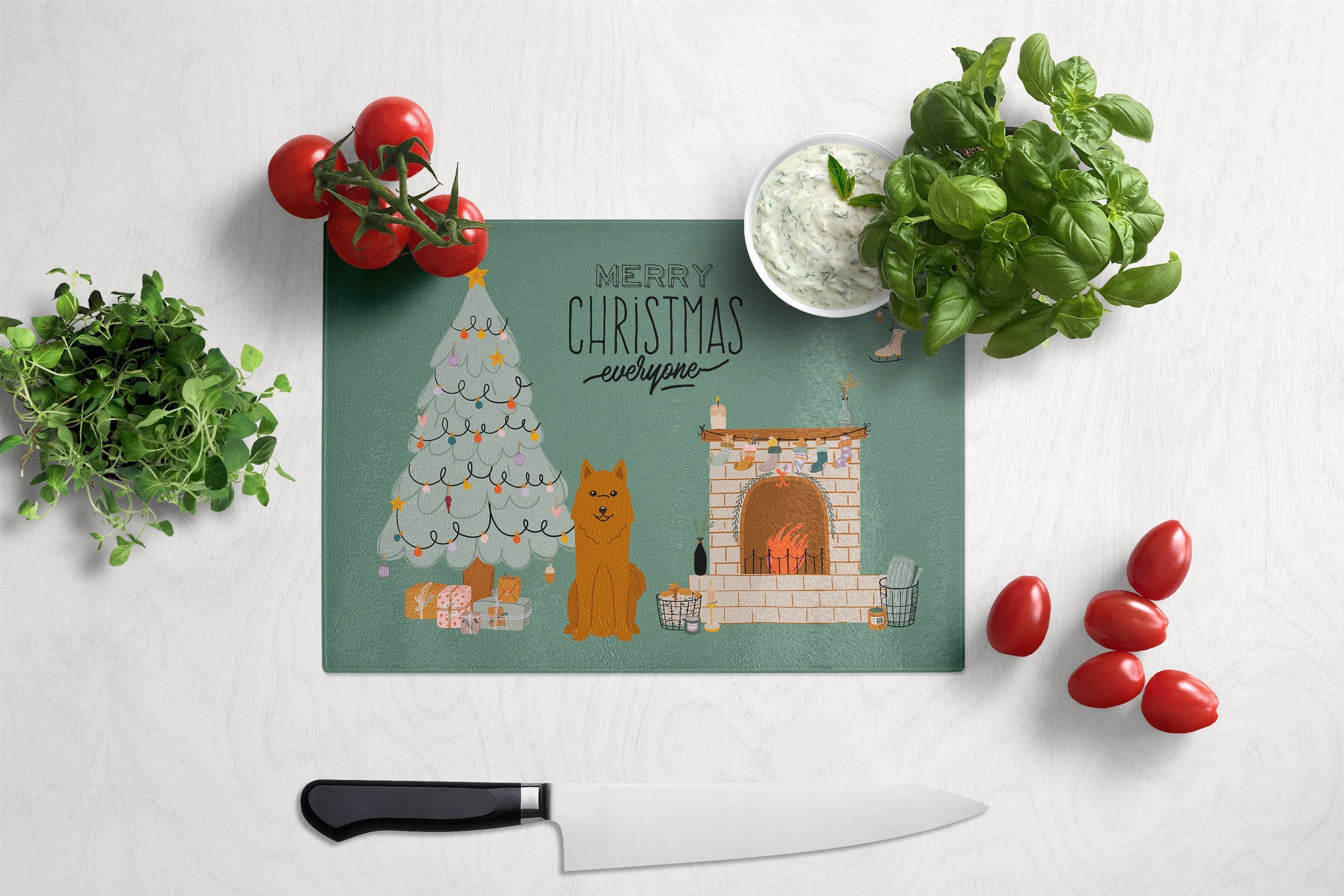 Karelian Bear Dog Christmas Everyone Cutting Board Tempered Glass Kitchen Cutting Surface, Heat Resistant Chopping, Non-Slip Feet, Food Prep & Serving