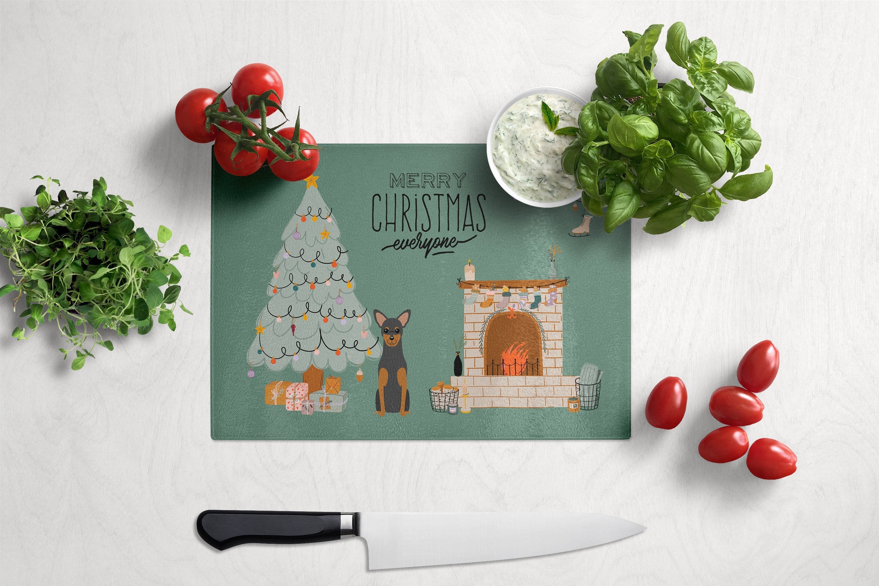 Manchester Terrier Christmas Everyone Cutting Board Tempered Glass Kitchen Cutting Surface, Heat Resistant Chopping, Non-Slip Feet, Food Prep & Serving