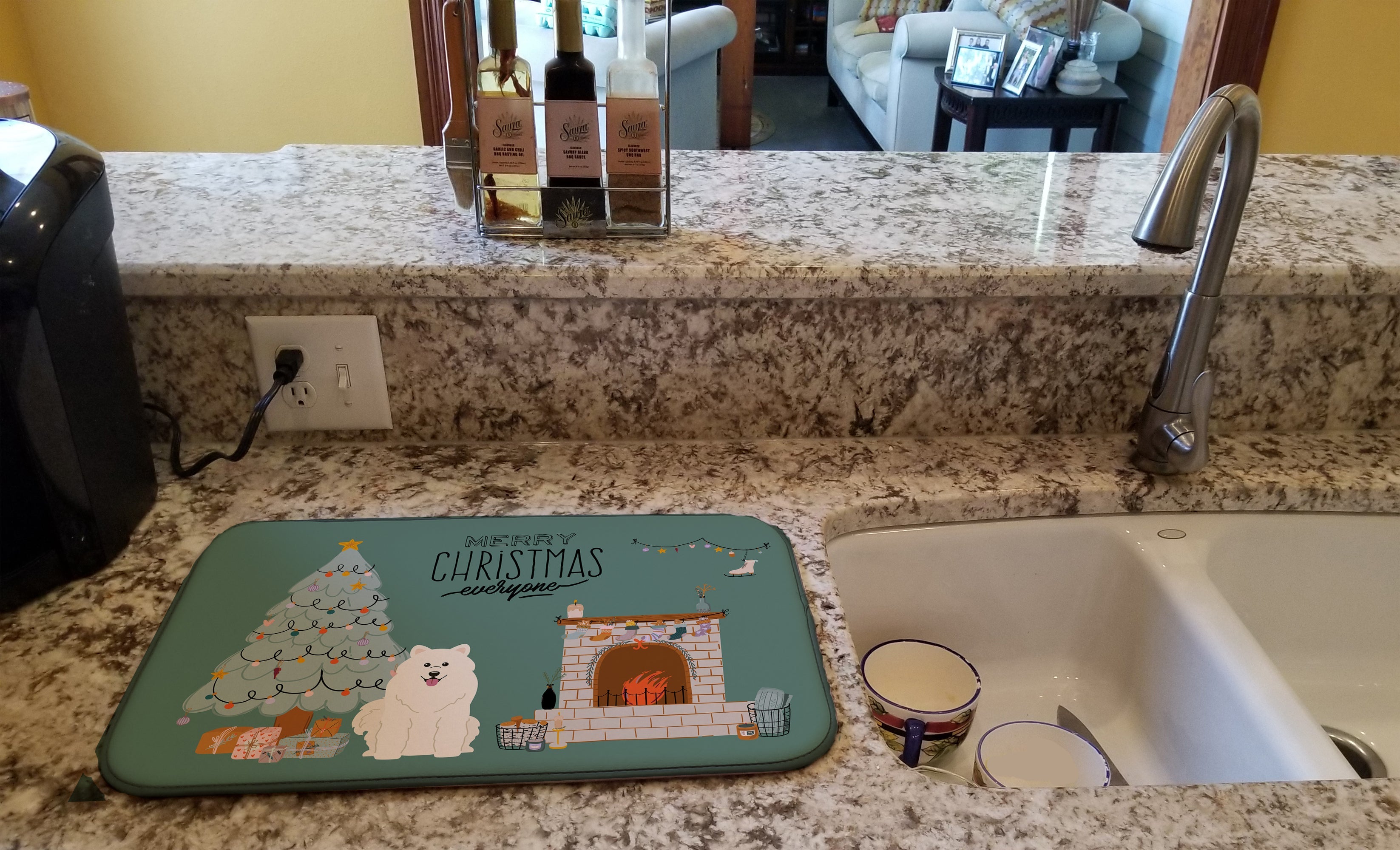 Samoyed Christmas Everyone Dish Drying Mat Absorbent Dish Drying Mat Pad for Kitchen Counter Dish Drainer Mat for Countertop, 14 x 21", Multicolor