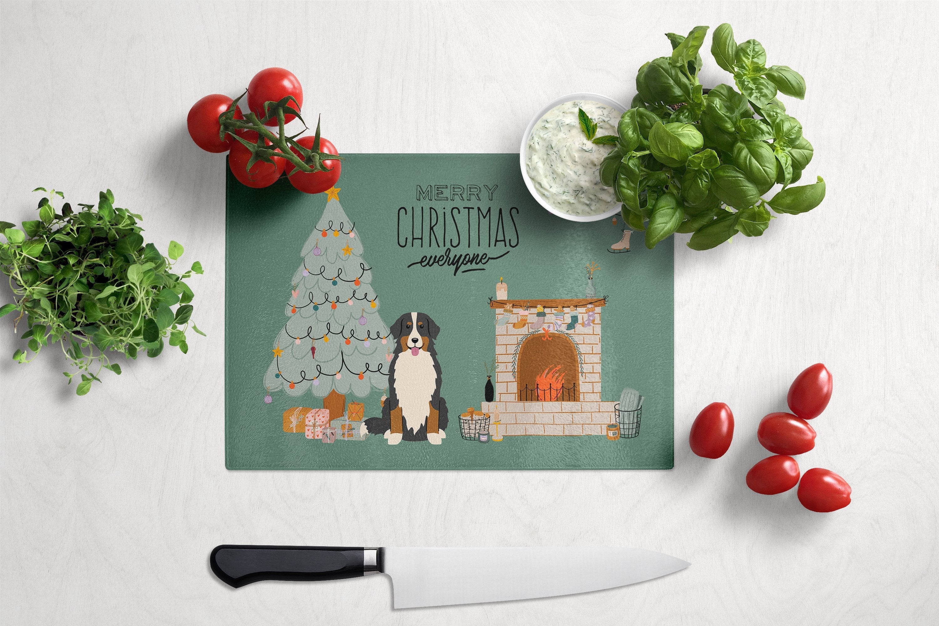 Bernese Mountain Dog Christmas Everyone Cutting Board Tempered Glass Kitchen Cutting Surface, Heat Resistant Chopping, Non-Slip Feet, Food Prep & Serving