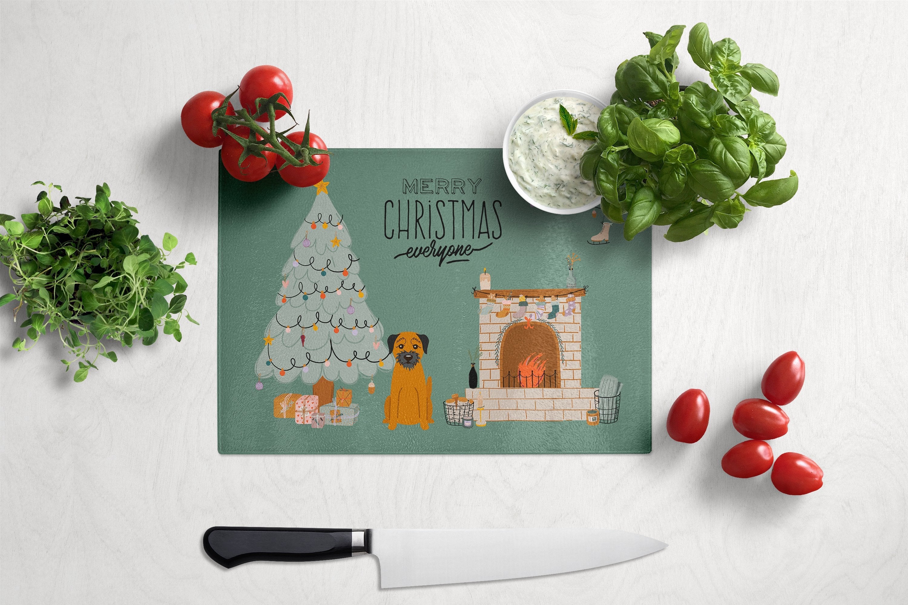 Border Terrier Christmas Everyone Cutting Board Tempered Glass Kitchen Cutting Surface, Heat Resistant Chopping, Non-Slip Feet, Food Prep & Serving