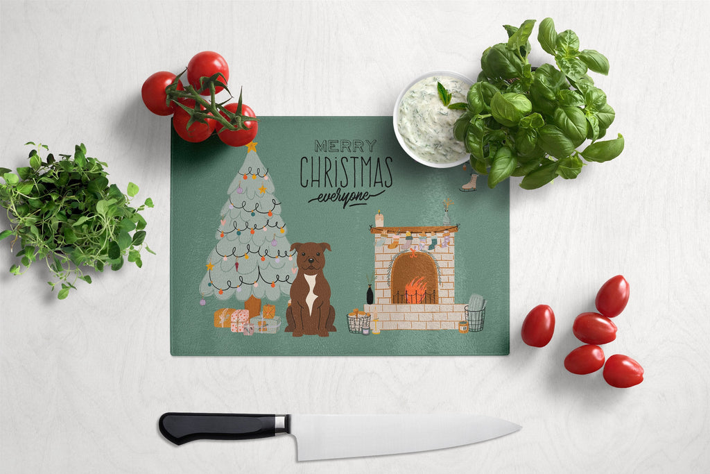 Chocolate Staffordshire Bull Terrier Christmas Everyone Cutting Board Tempered Glass Kitchen Cutting Surface, Heat Resistant Chopping, Non-Slip Feet, Food Prep & Serving