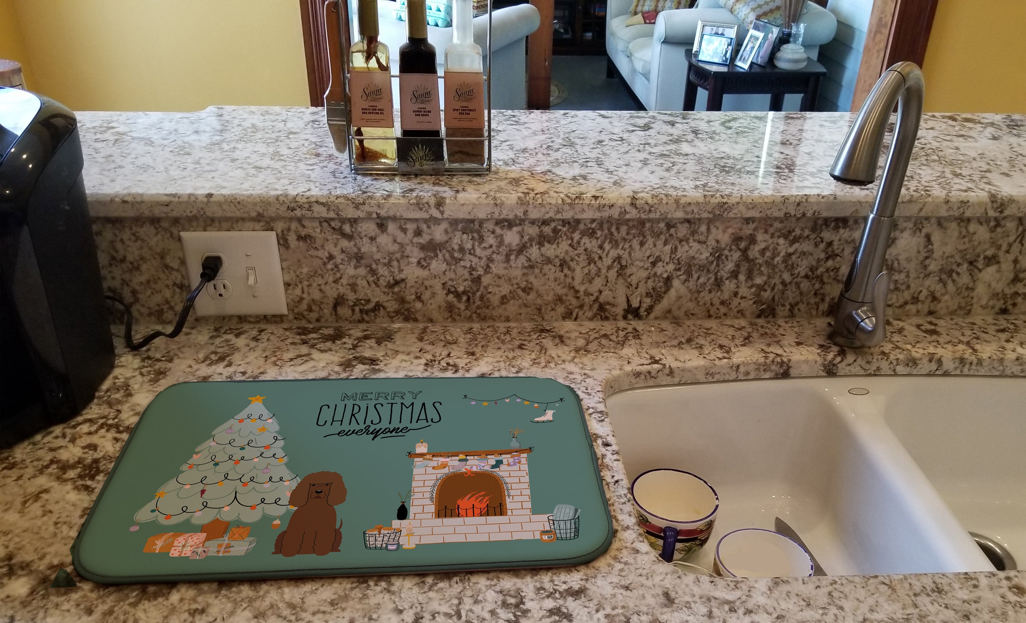 Irish Water Spaniel Christmas Everyone Dish Drying Mat Absorbent Dish Drying Mat Pad for Kitchen Counter Dish Drainer Mat for Countertop, 14 x 21", Multicolor
