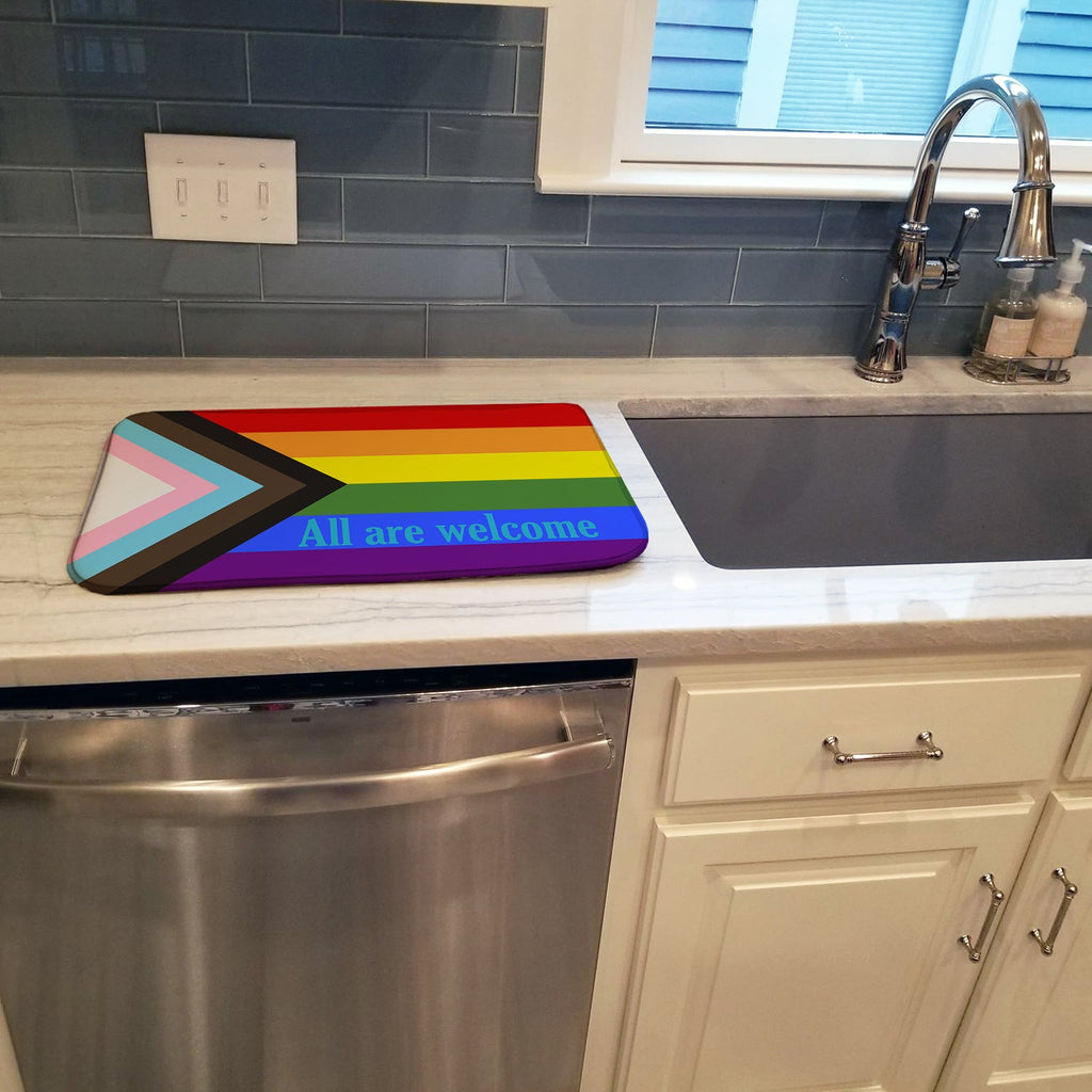 Gay Progress Pride All are Welcome Dish Drying Mat Absorbent Dish Drying Mat Pad for Kitchen Counter Dish Drainer Mat for Countertop, 14 x 21", Multicolor