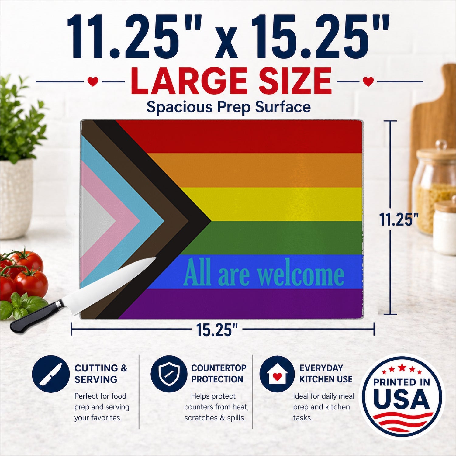 Gay Progress Pride All are Welcome Cutting Board Tempered Glass Kitchen Cutting Surface, Heat Resistant Chopping, Non-Slip Feet, Food Prep & Serving