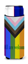 Gay Progress Pride All are Welcome Slim Can Hugger , Insulated Foam Hugger for 12 oz Slim Cans, Beer Bottles & Water Bottles, Printed in USA