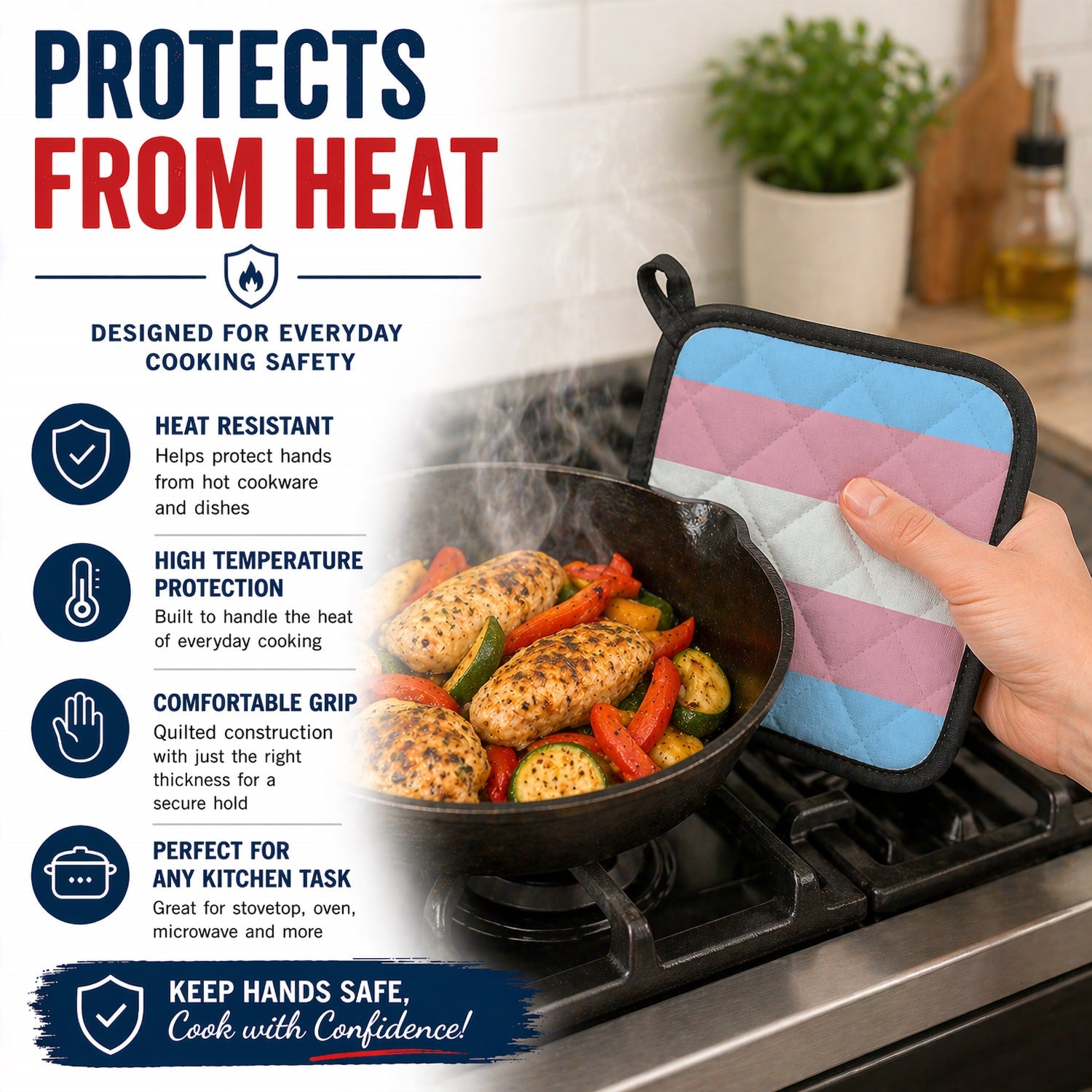 Transgender Pride Pot Holder Set of 2 Heat Resistant Quilted Hot Pads 7.5 x 7.5 Inch, Insulated Kitchen Trivets for Cooking & Baking