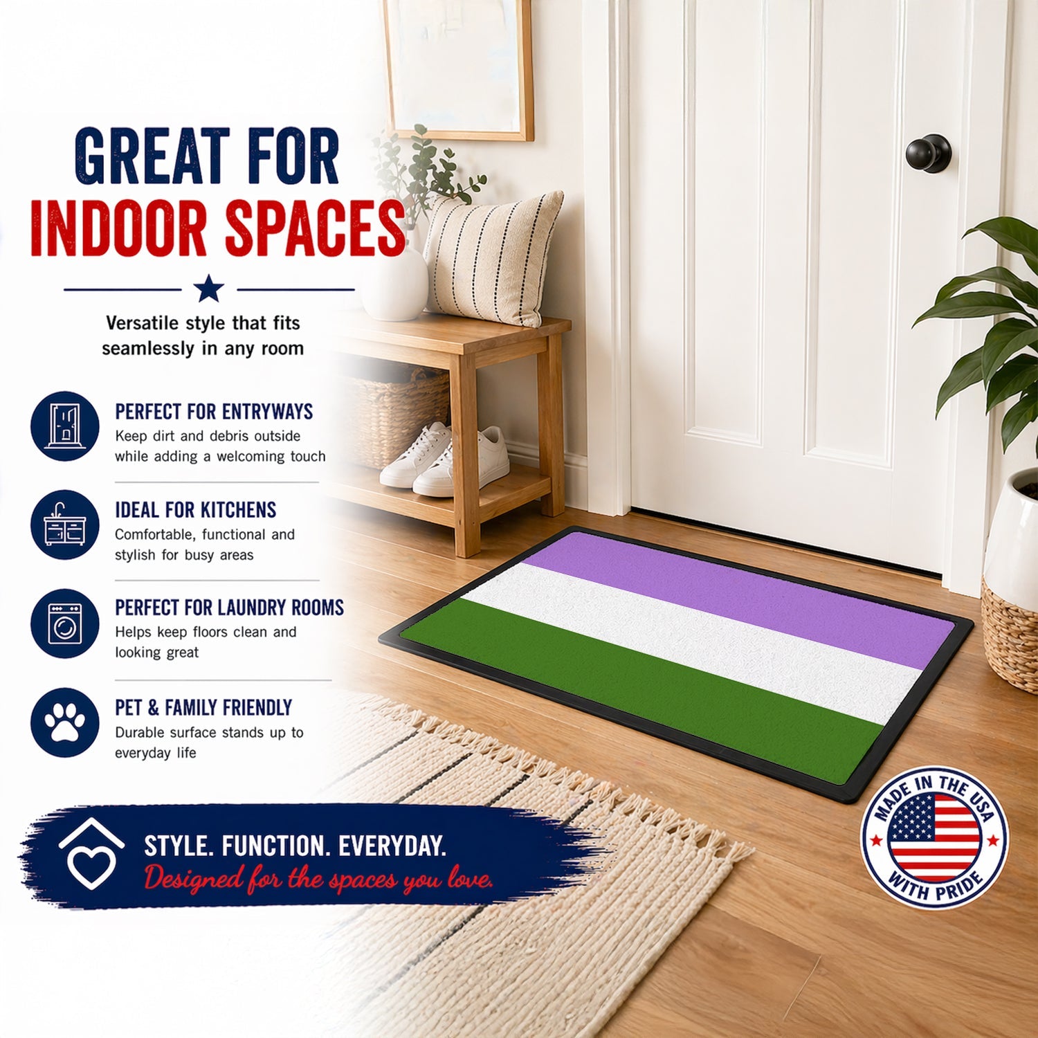 Genderqueer Pride Doormat Indoor Outdoor 18H X 27W Front Door Mat Rugs for Entryway, Non Slip Washable
