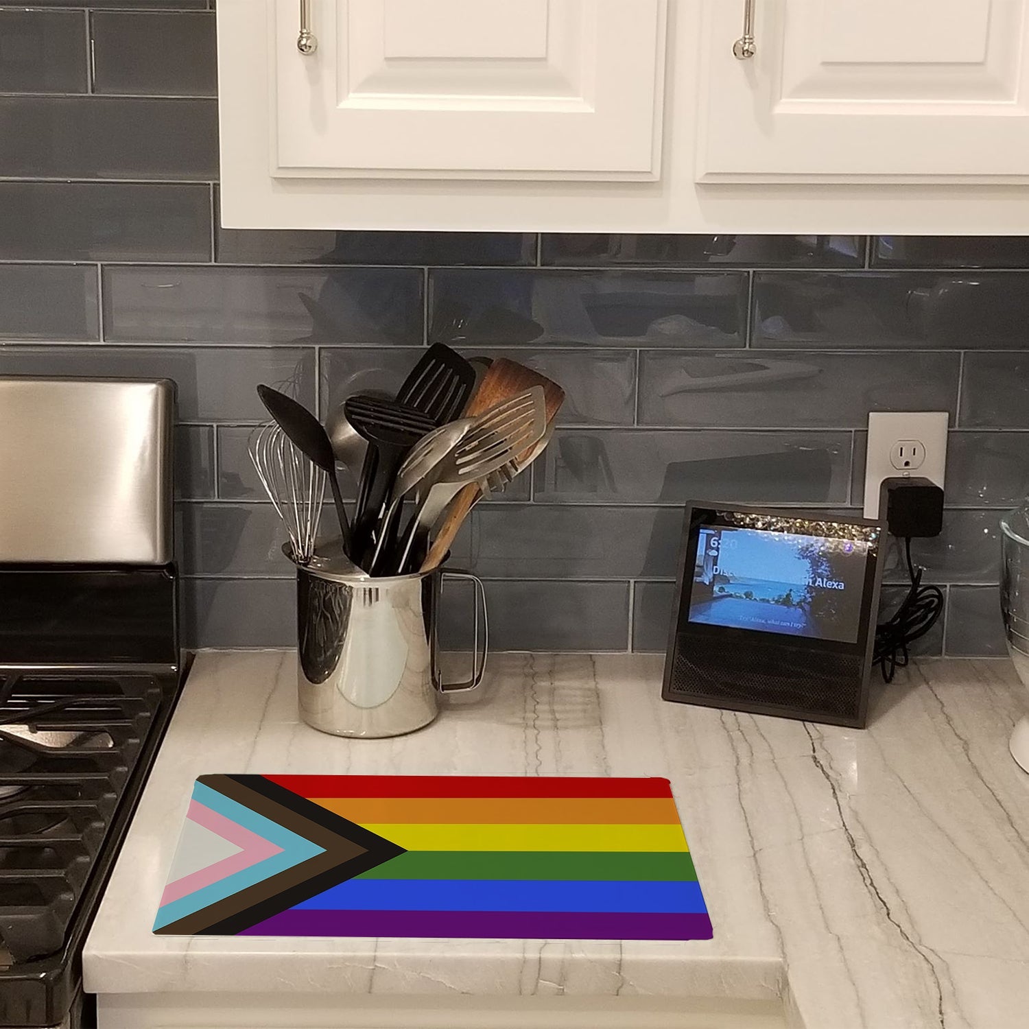 Gay Pride Progress Pride Cutting Board Tempered Glass Kitchen Cutting Surface, Heat Resistant Chopping, Non-Slip Feet, Food Prep & Serving