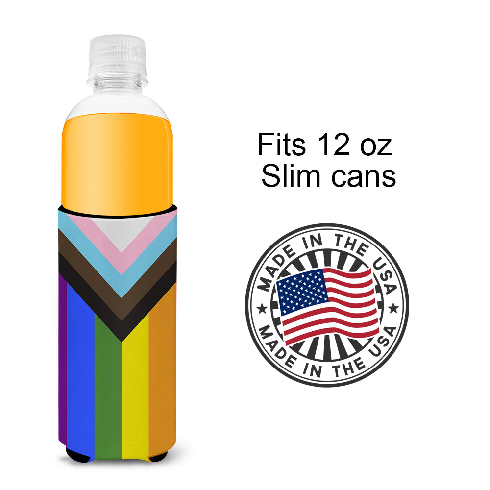 Gay Pride Progress Pride Slim Can Hugger , Insulated Foam Hugger for 12 oz Slim Cans, Beer Bottles & Water Bottles, Printed in USA