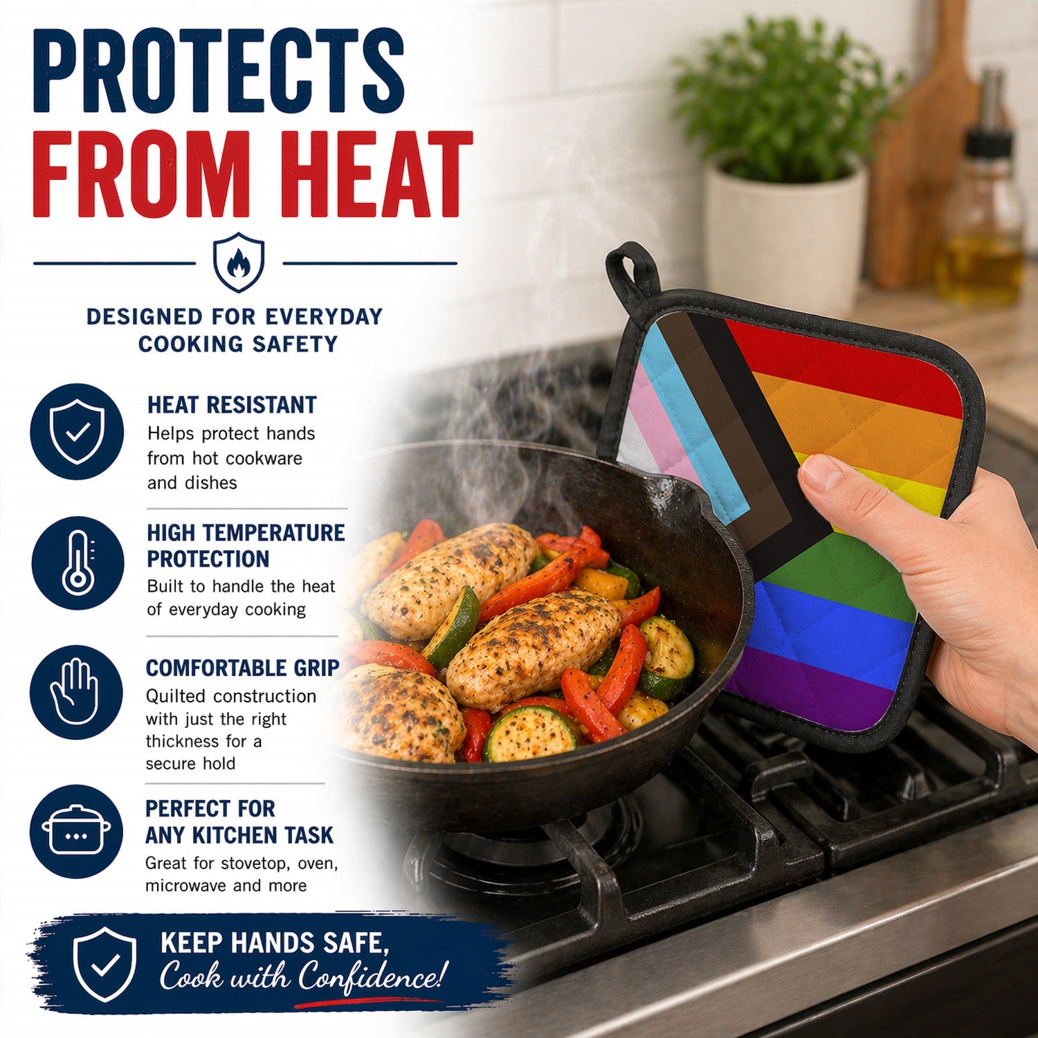 Gay Pride Progress Pride Pot Holder Set of 2 Heat Resistant Quilted Hot Pads 7.5 x 7.5 Inch, Insulated Kitchen Trivets for Cooking & Baking