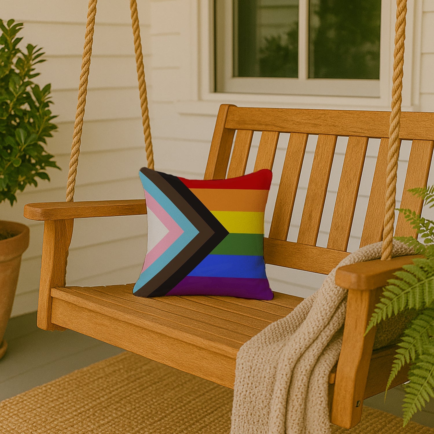 Gay Pride Progress Pride Decorative Throw Pillow 14x14 Indoor Outdoor Accent Cushion, Fabric Cover with Insert for Sofa, Bed, Porch & Living Room