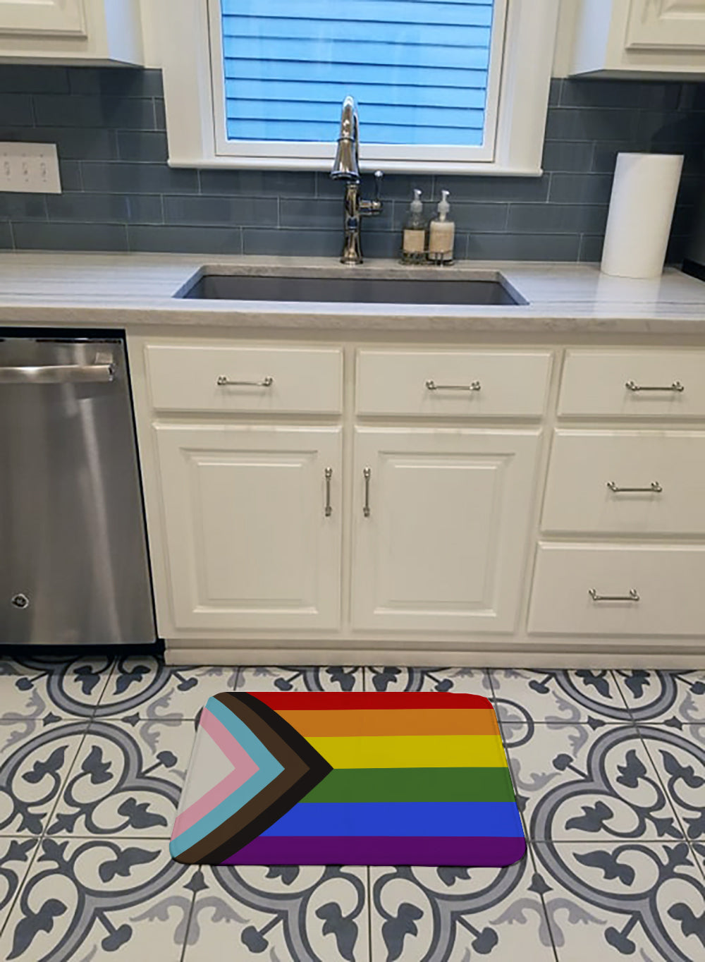 Gay Pride Progress Pride Memory Foam Kitchen Mat Machine Washable Anti-Fatigue Cushion Comfort Bath or Kitchen Rug