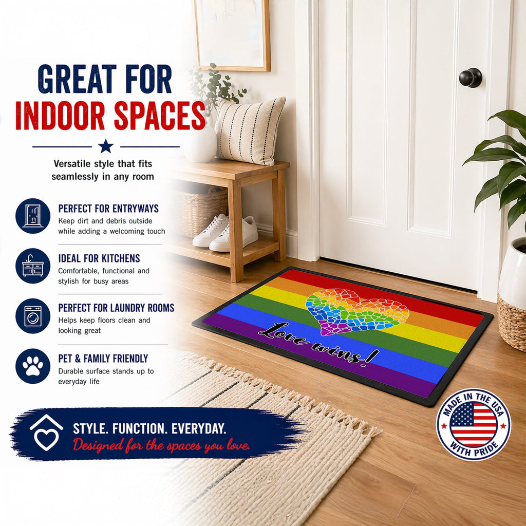 Gay Pride Love Wins Mosaic Heart Doormat Indoor Outdoor 24H X 36W Front Door Mat Rugs for Entryway, Non Slip Washable Low Pile,