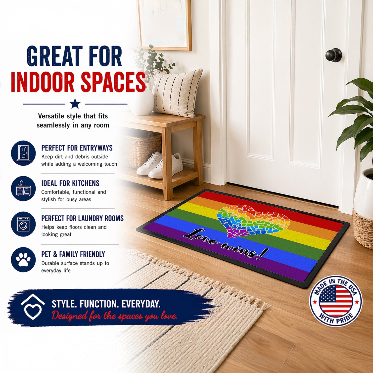 Gay Pride Love Wins Mosaic Heart Doormat Indoor Outdoor 24H X 36W Front Door Mat Rugs for Entryway, Non Slip Washable Low Pile,