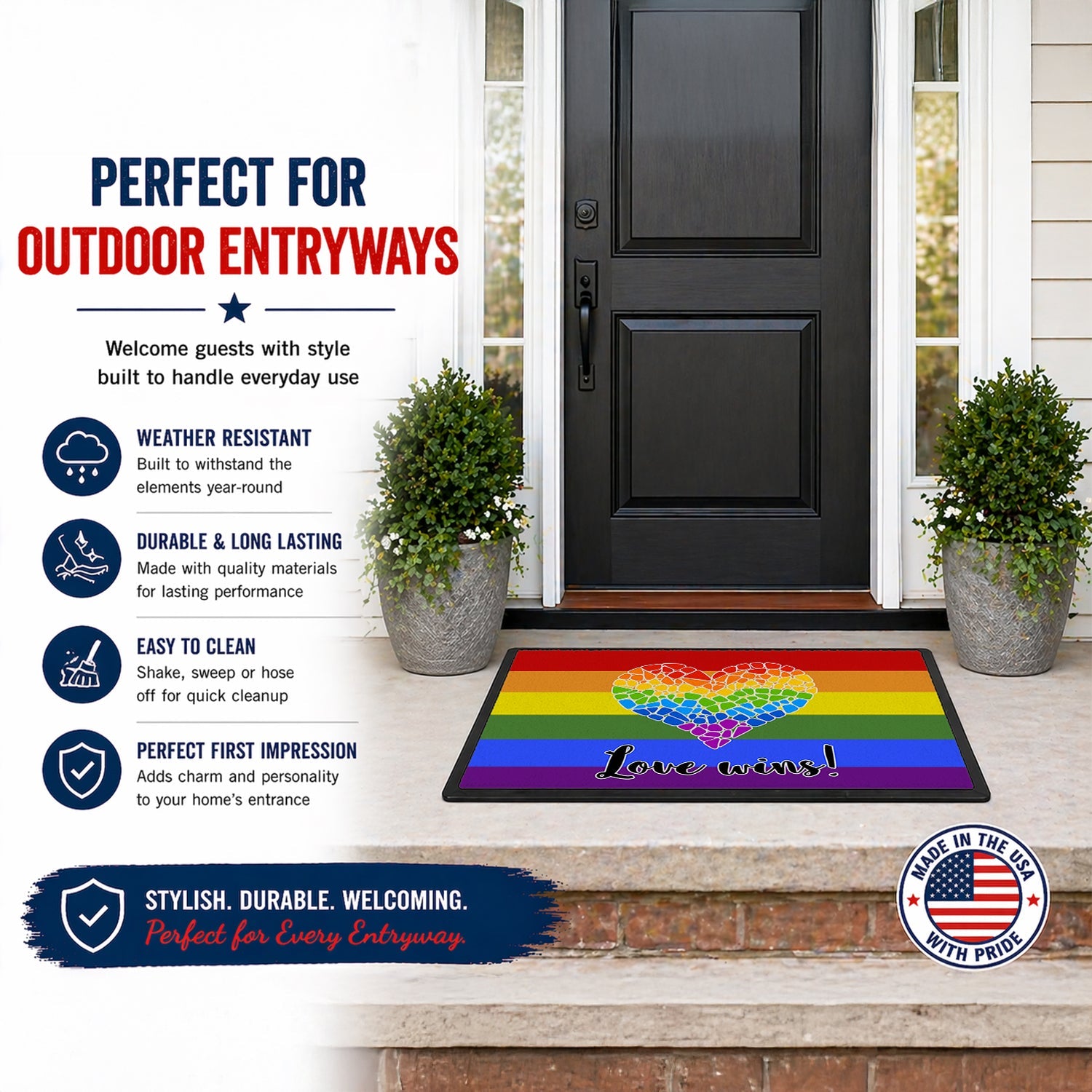 Gay Pride Love Wins Mosaic Heart Doormat Indoor Outdoor 18H X 27W Front Door Mat Rugs for Entryway, Non Slip Washable