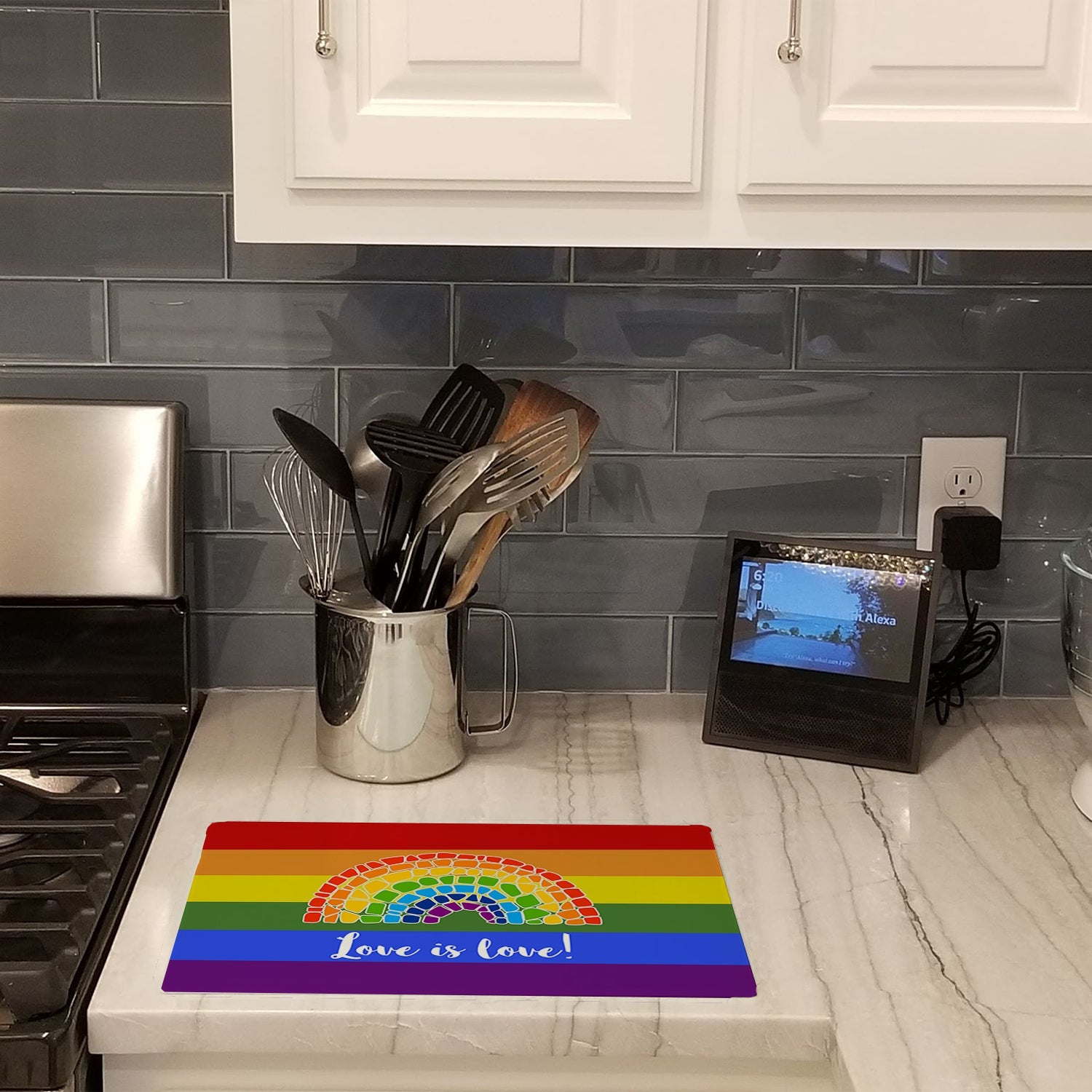Gay Pride Love is Love Mosaic Rainbow Cutting Board Tempered Glass Kitchen Cutting Surface, Heat Resistant Chopping, Non-Slip Feet, Food Prep & Serving