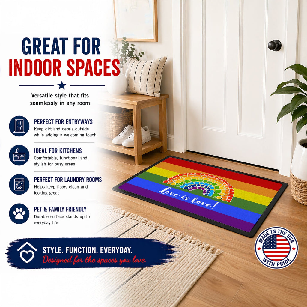 Gay Pride Love is Love Mosaic Rainbow Doormat Indoor Outdoor 18H X 27W Front Door Mat Rugs for Entryway, Non Slip Washable