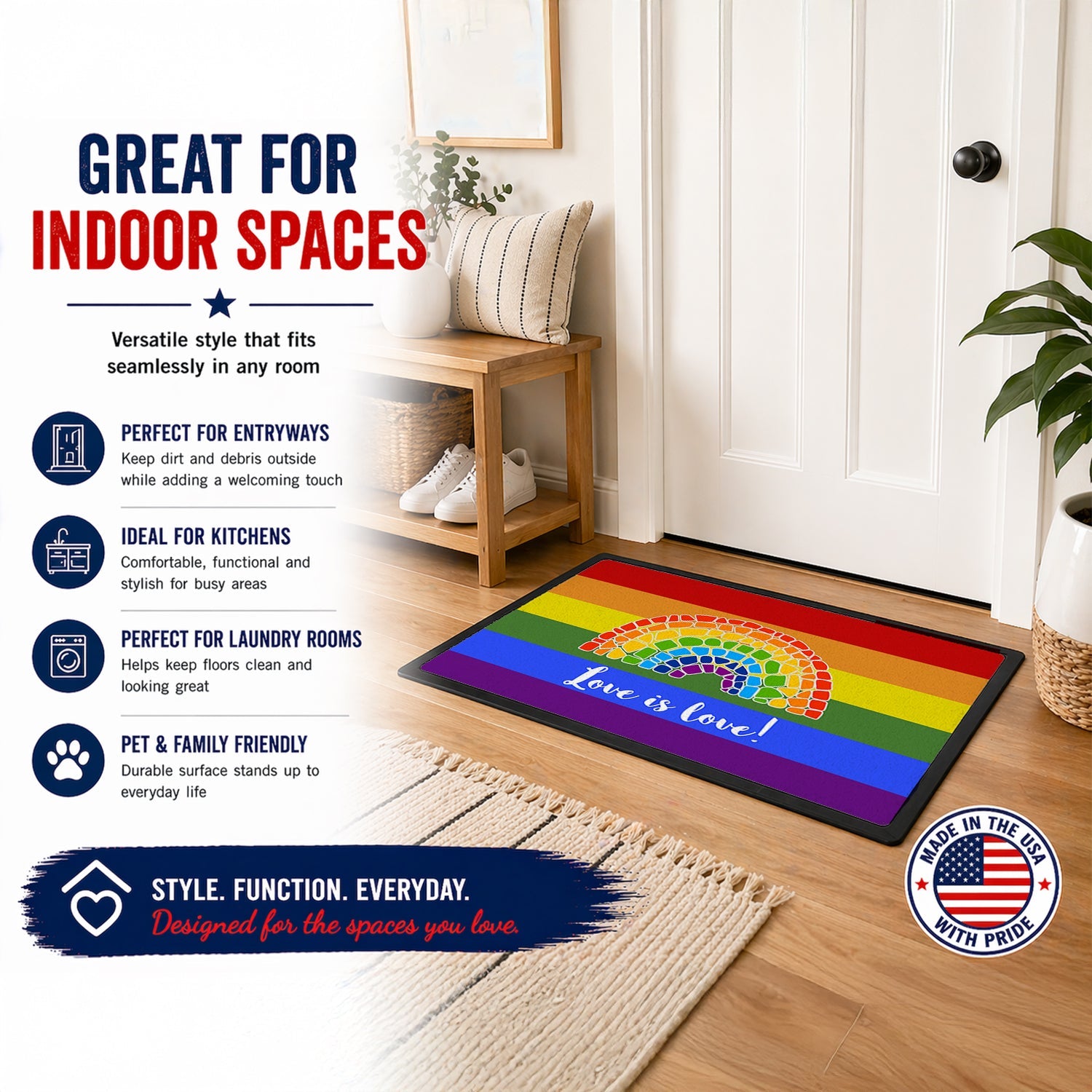 Gay Pride Love is Love Mosaic Rainbow Doormat Indoor Outdoor 18H X 27W Front Door Mat Rugs for Entryway, Non Slip Washable
