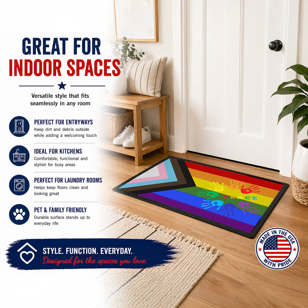 Gay Pride Peace Hands Progress Pride Doormat Indoor Outdoor 24H X 36W Front Door Mat Rugs for Entryway, Non Slip Washable Low Pile,