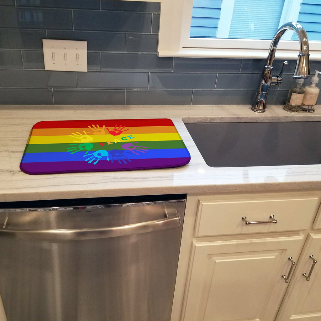 Gay Pride Peace Hands Dish Drying Mat Absorbent Dish Drying Mat Pad for Kitchen Counter Dish Drainer Mat for Countertop, 14 x 21", Multicolor