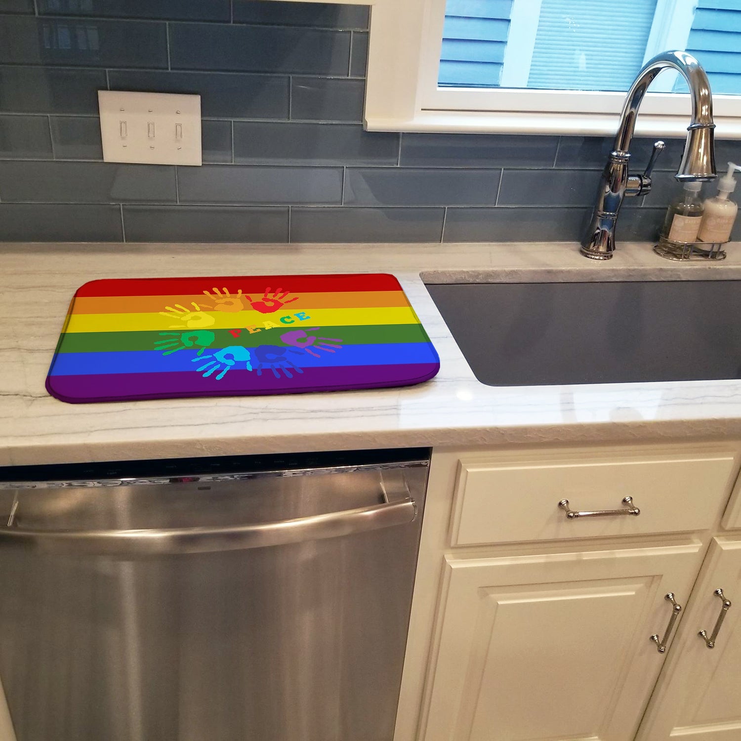 Gay Pride Peace Hands Dish Drying Mat Absorbent Dish Drying Mat Pad for Kitchen Counter Dish Drainer Mat for Countertop, 14 x 21", Multicolor