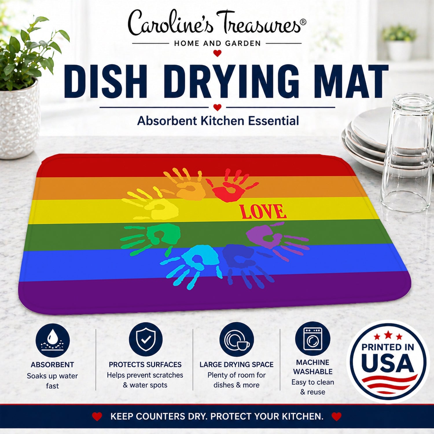 Gay Pride Love Hands Dish Drying Mat Absorbent Dish Drying Mat Pad for Kitchen Counter Dish Drainer Mat for Countertop, 14 x 21", Multicolor