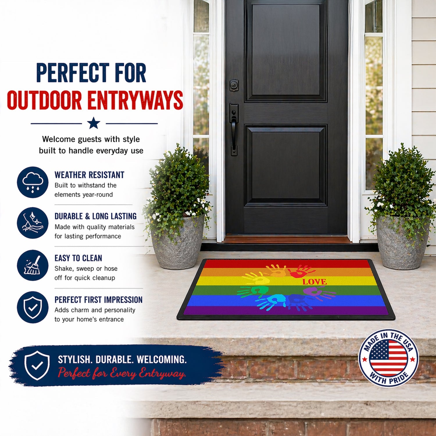 Gay Pride Love Hands Doormat Indoor Outdoor 24H X 36W Front Door Mat Rugs for Entryway, Non Slip Washable Low Pile,