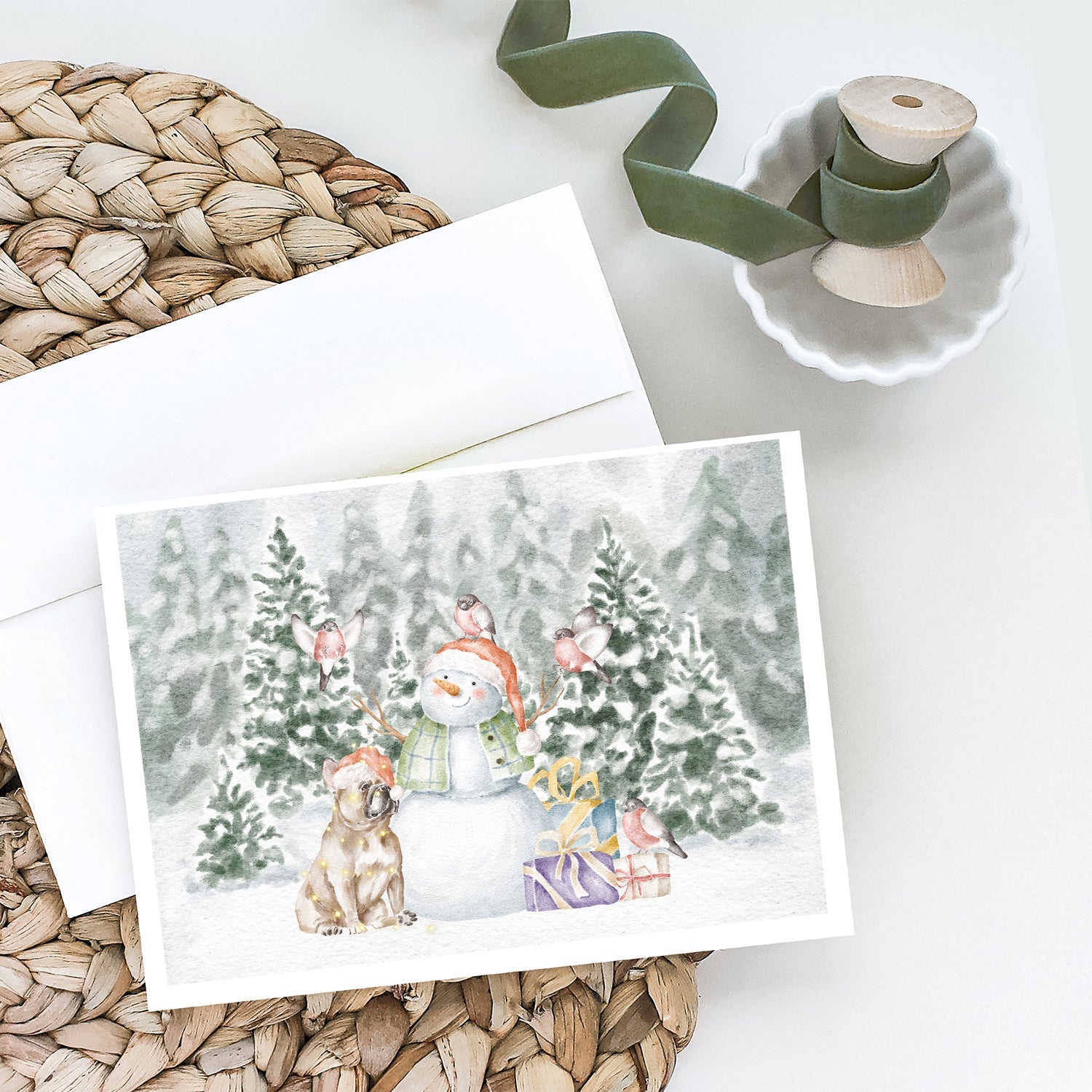 French Bulldog Fawn Snowman and Christmas Presents Greeting Cards Pack of 8 Blank Cards with Envelopes Whimsical A7 Size 5x7