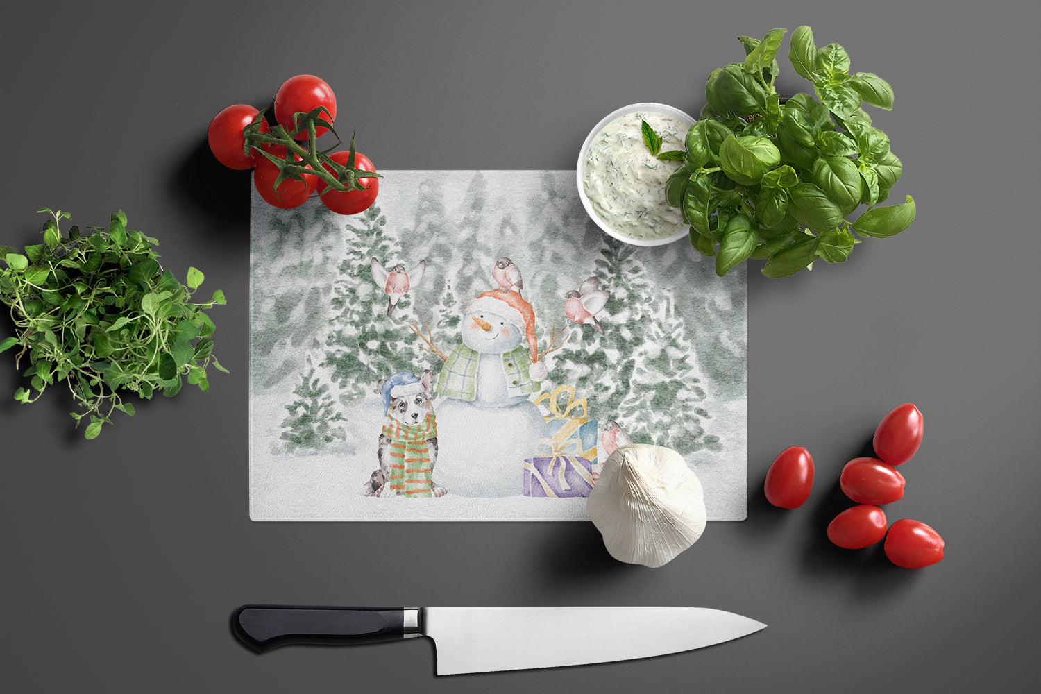 Corgi Blue Merle Christmas Cutting Board Tempered Glass Kitchen Cutting Surface, Heat Resistant Chopping, Non-Slip Feet, Food Prep & Serving