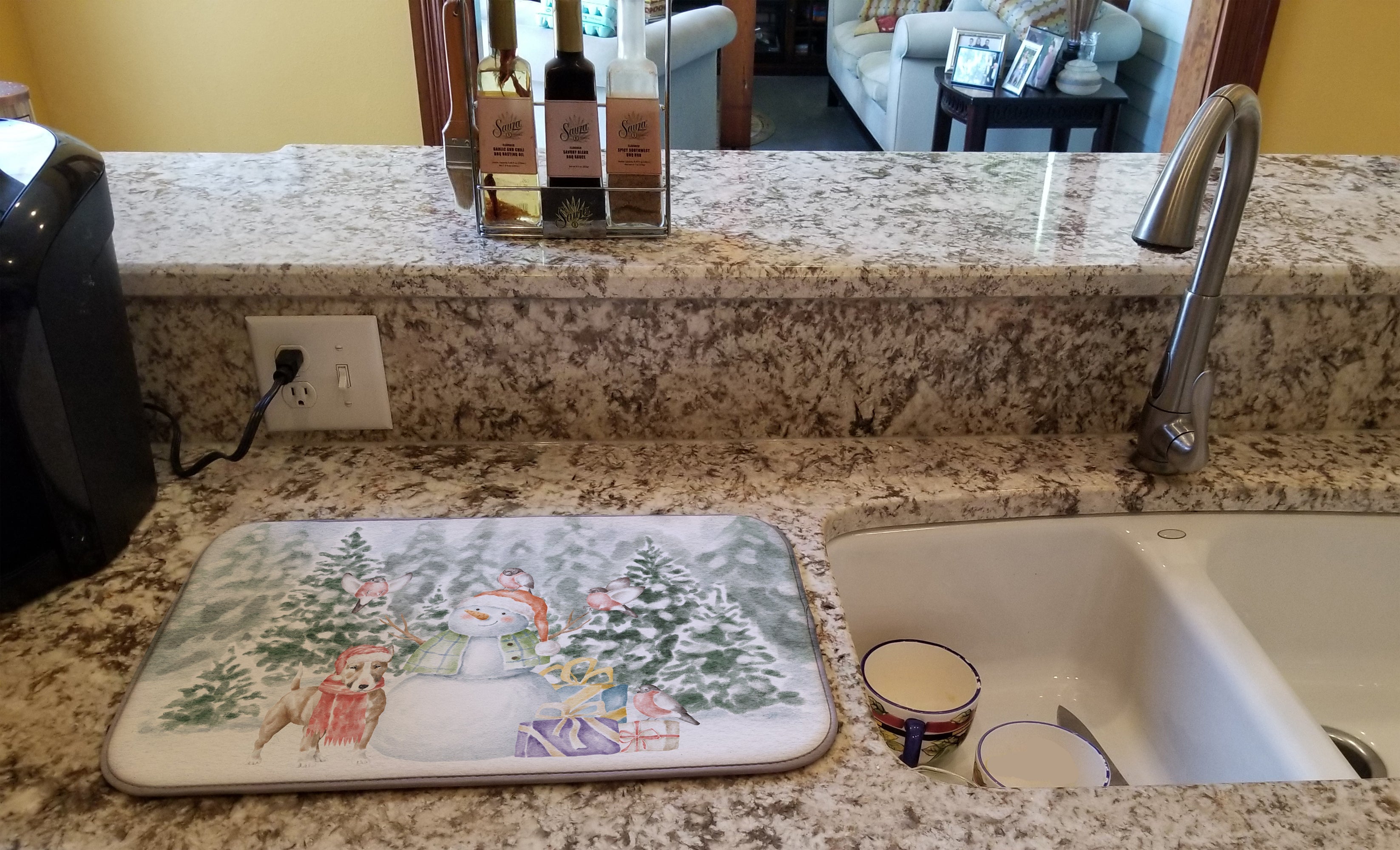 Bull Terrier Tan and White Christmas Dish Drying Mat Absorbent Dish Drying Mat Pad for Kitchen Counter Dish Drainer Mat for Countertop, 14 x 21", Multicolor