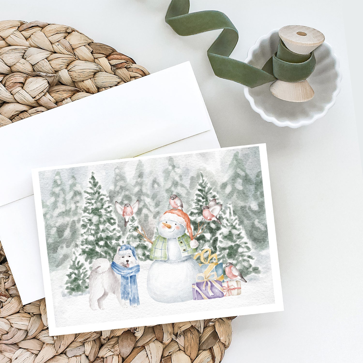 Samoyed Standing Christmas Greeting Cards Pack of 8 Blank Cards with Envelopes Whimsical A7 Size 5x7