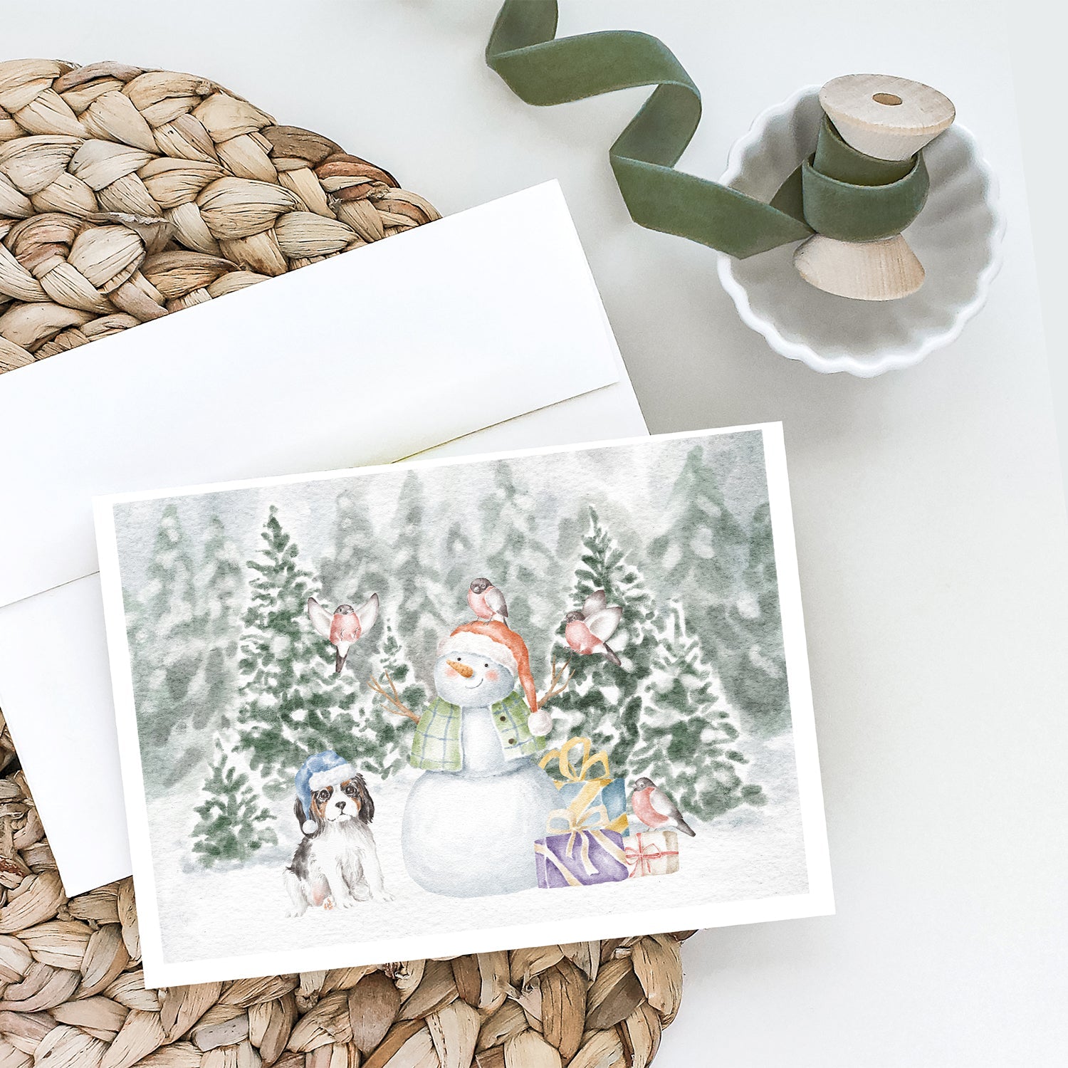 Cavalier King Charles Spaniel Tricolor Puppy Christmas Greeting Cards Pack of 8 Blank Cards with Envelopes Whimsical A7 Size 5x7