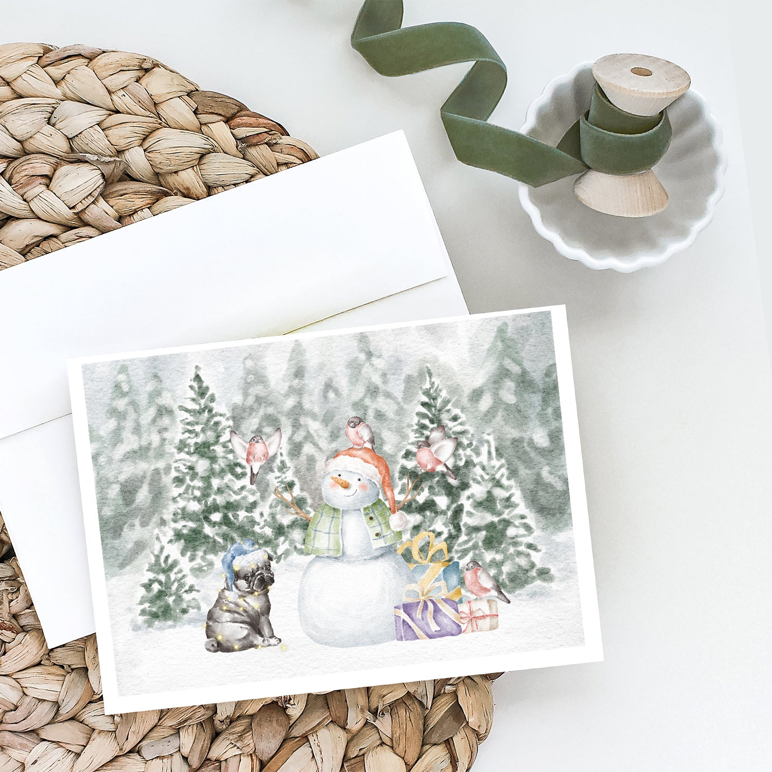 Pug Puppy Black Christmas Greeting Cards Pack of 8 Blank Cards with Envelopes Whimsical A7 Size 5x7
