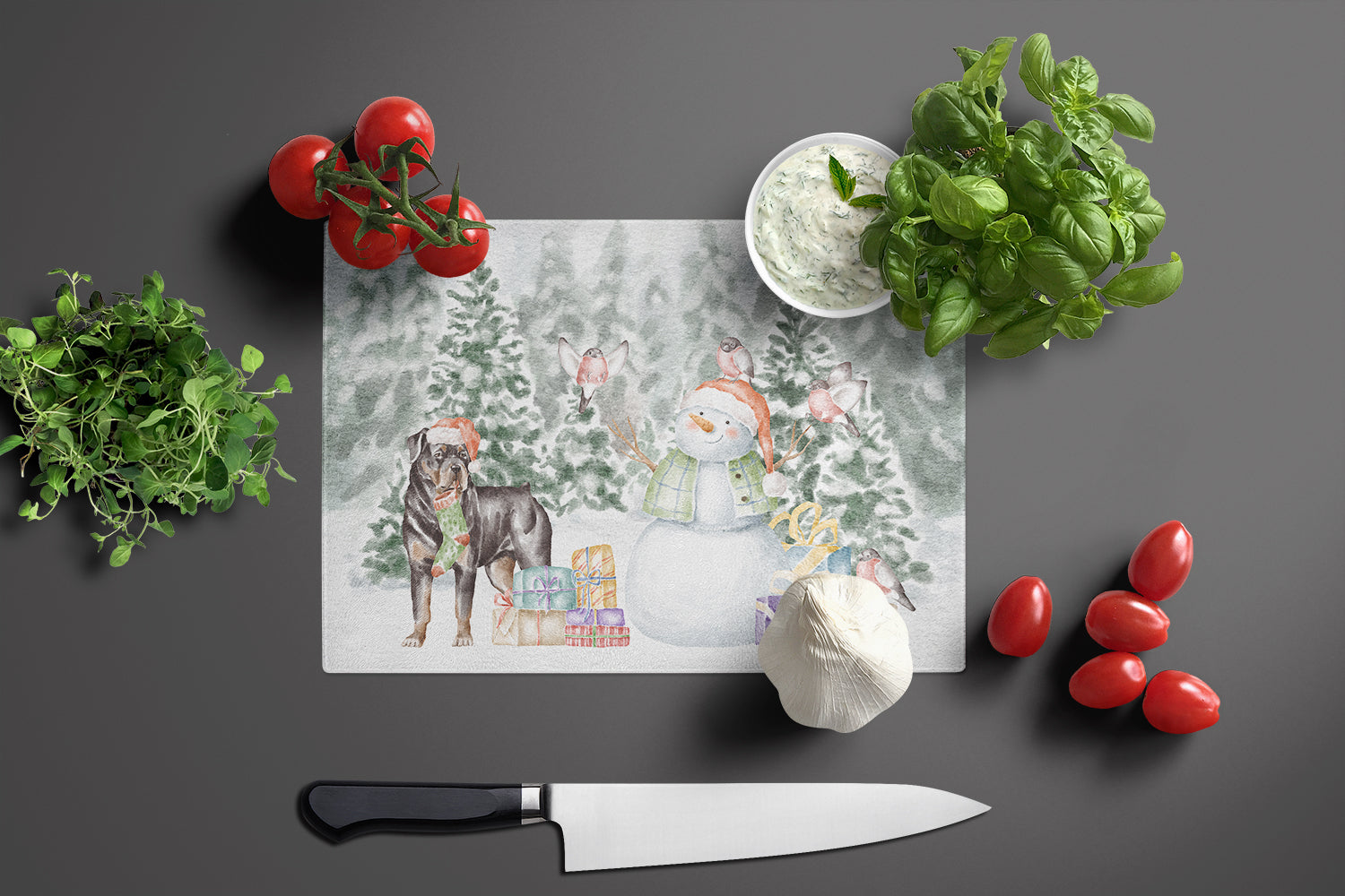 Rottweiler Standing Christmas Cutting Board Tempered Glass Kitchen Cutting Surface, Heat Resistant Chopping, Non-Slip Feet, Food Prep & Serving