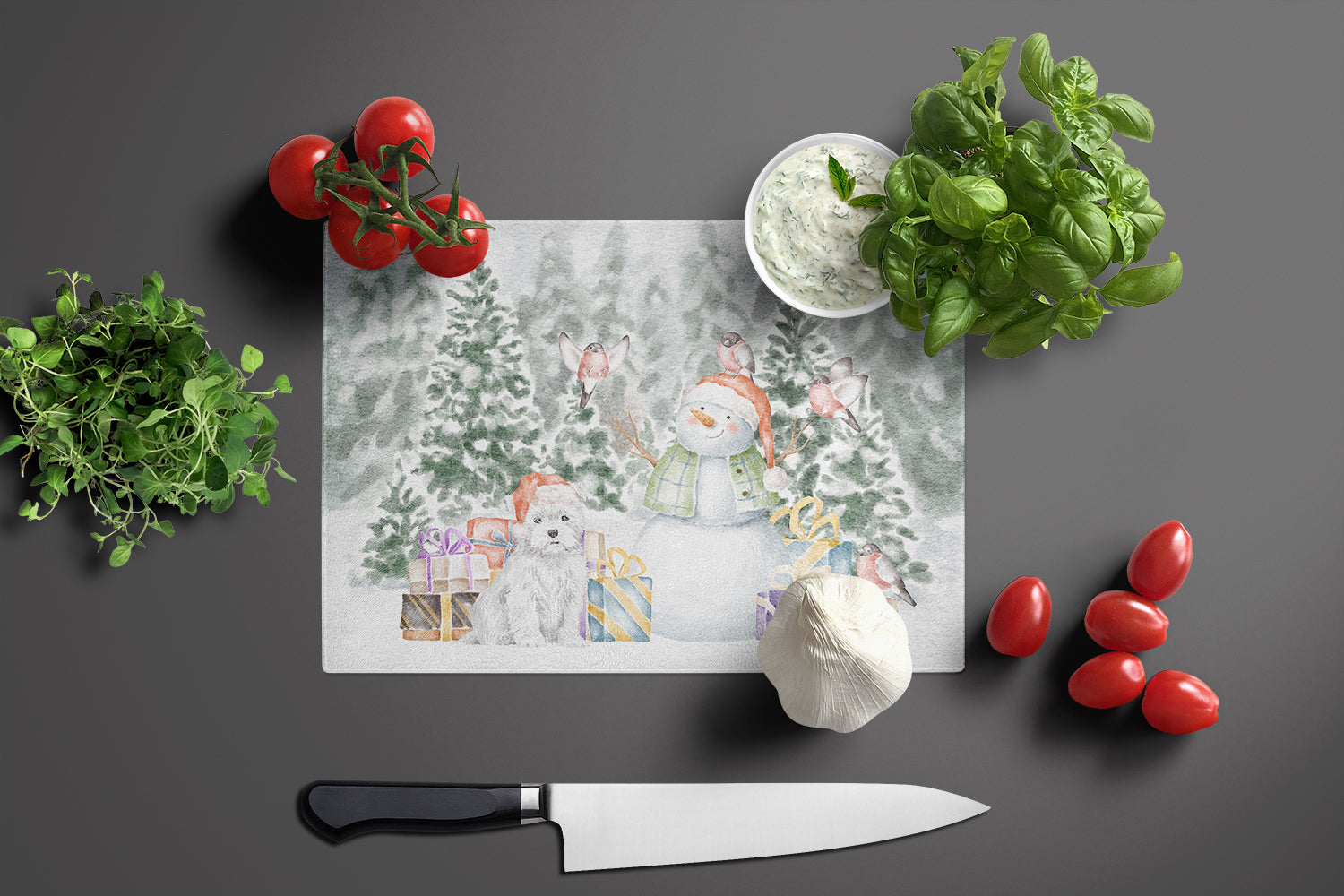 West Highland White Terrier Christmas Cutting Board Tempered Glass Kitchen Cutting Surface, Heat Resistant Chopping, Non-Slip Feet, Food Prep & Serving