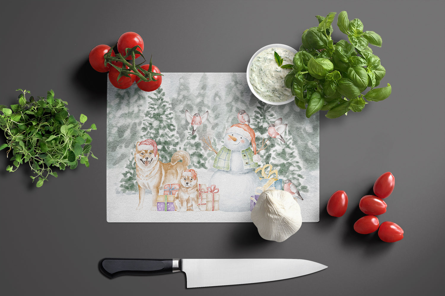 Shiba Inu Adult and Puppy Christmas Cutting Board Tempered Glass Kitchen Cutting Surface, Heat Resistant Chopping, Non-Slip Feet, Food Prep & Serving