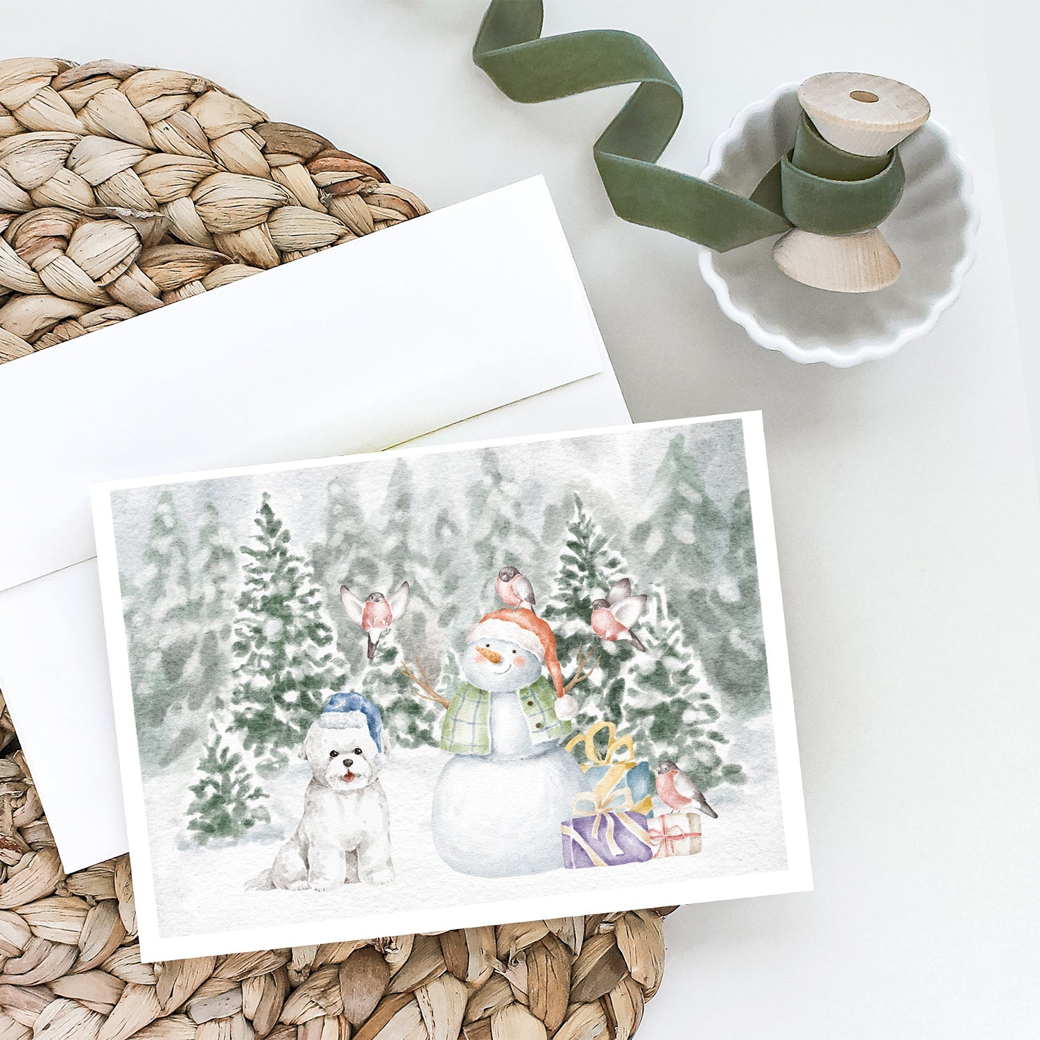 Bichon Frise Christmas Greeting Cards Pack of 8 Blank Cards with Envelopes Whimsical A7 Size 5x7