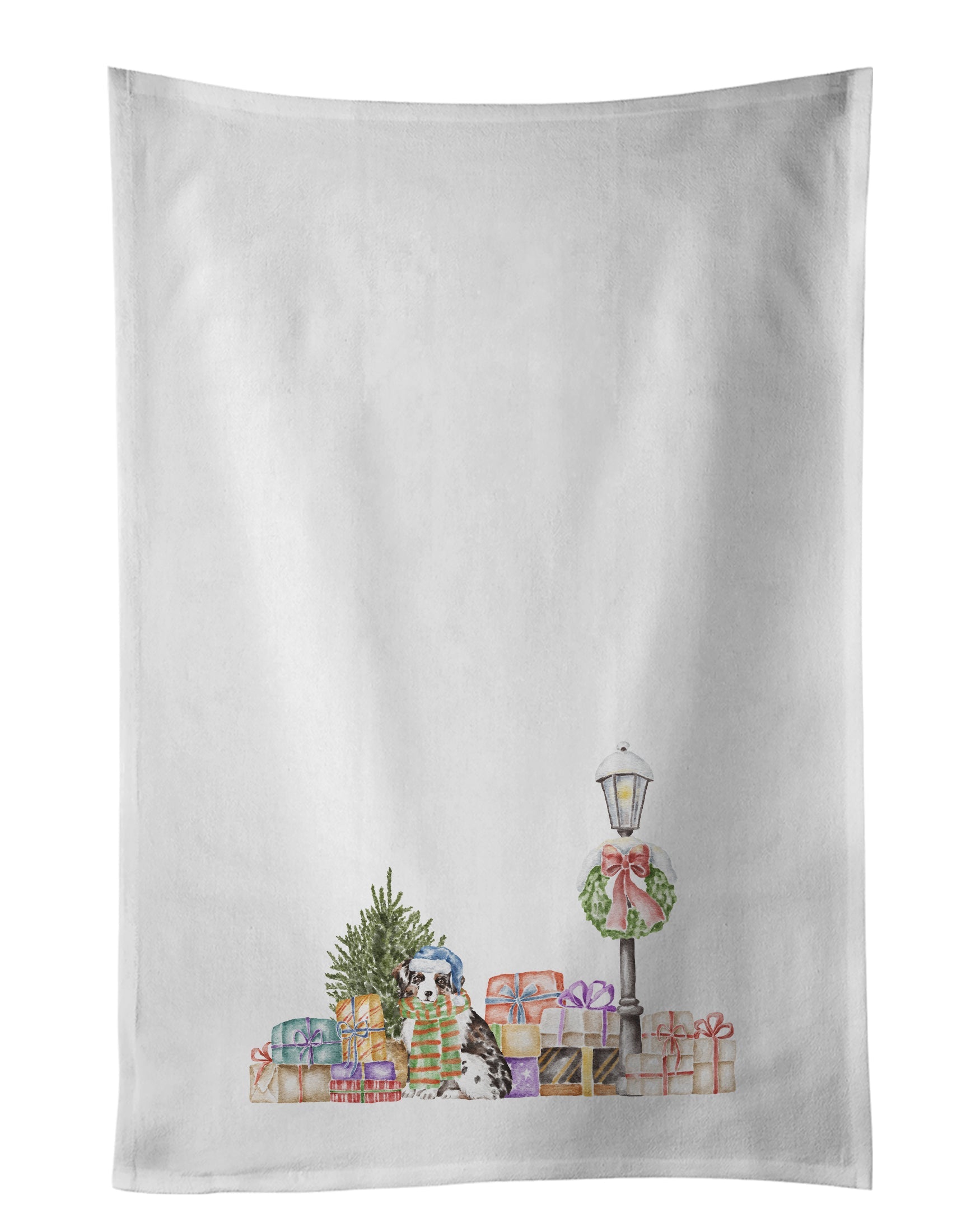 Australian Shepherd Blue Merle with Christmas Wonderland Kitchen Towel Set of 2 White Dish Towels Decorative Bathroom Hand towel for Hand, Face, Hair, Yoga, Tea, Dishcloth, 19 X 28", White
