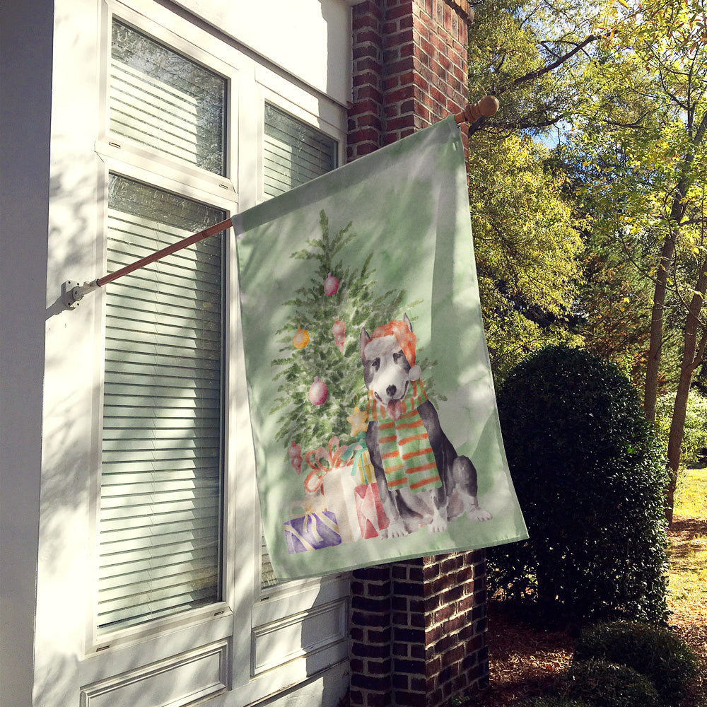 Bull Terrier Black Christmas Presents and Tree House Flag 28x40 Porch Sleeve Pole Decorative Outside Yard Banner Artwork Wall Hanging, Polyester