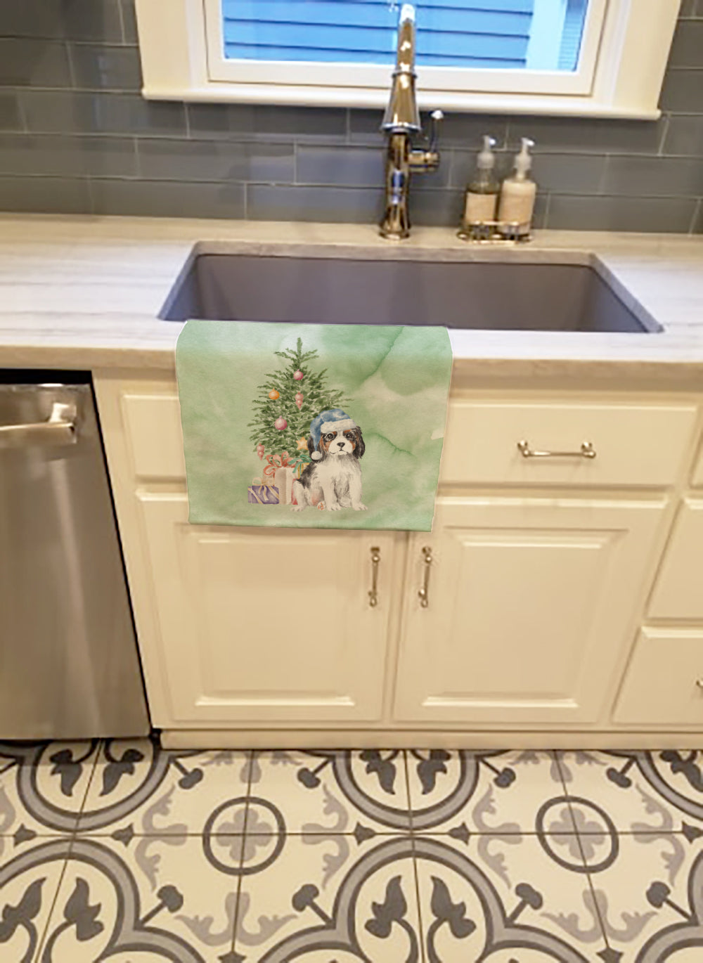 Cavalier Spaniel Tricolor Puppy Christmas Presents and Tree Kitchen Towel Velour Plush Front and Cotton Loop Back Machine Washable