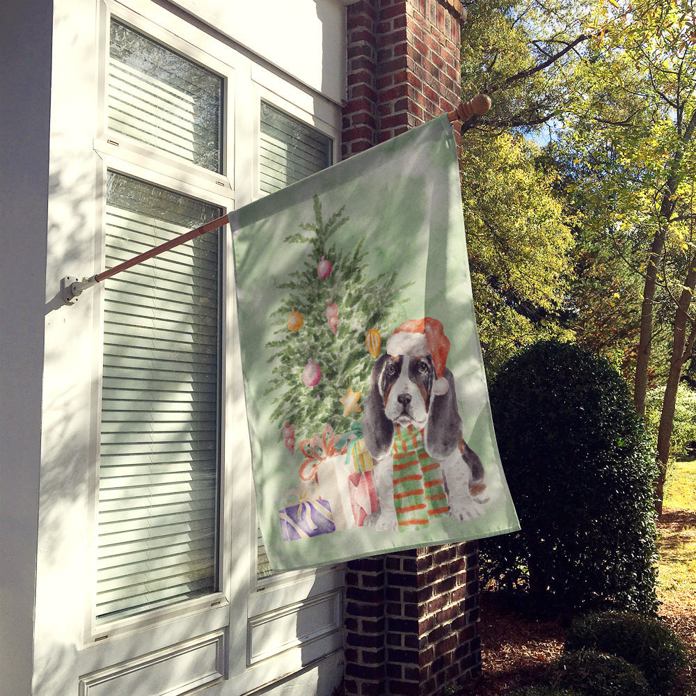 Basset Hound Puppy Christmas Presents and Tree House Flag 28x40 Porch Sleeve Pole Decorative Outside Yard Banner Artwork Wall Hanging, Polyester